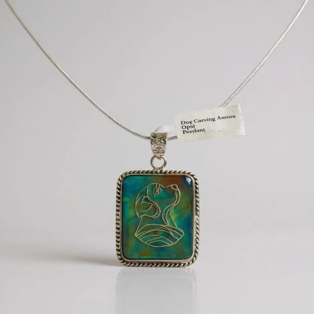 Aurora Opal Dog Carving Pendant Necklace – Sterling Silver Elegance